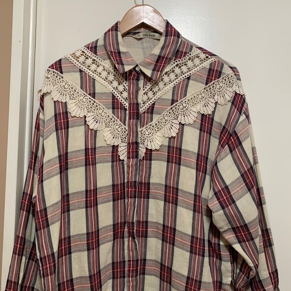 Zara Plaid Shirt Lace Trim Button Down Long Sleeve - Picture 7 of 9